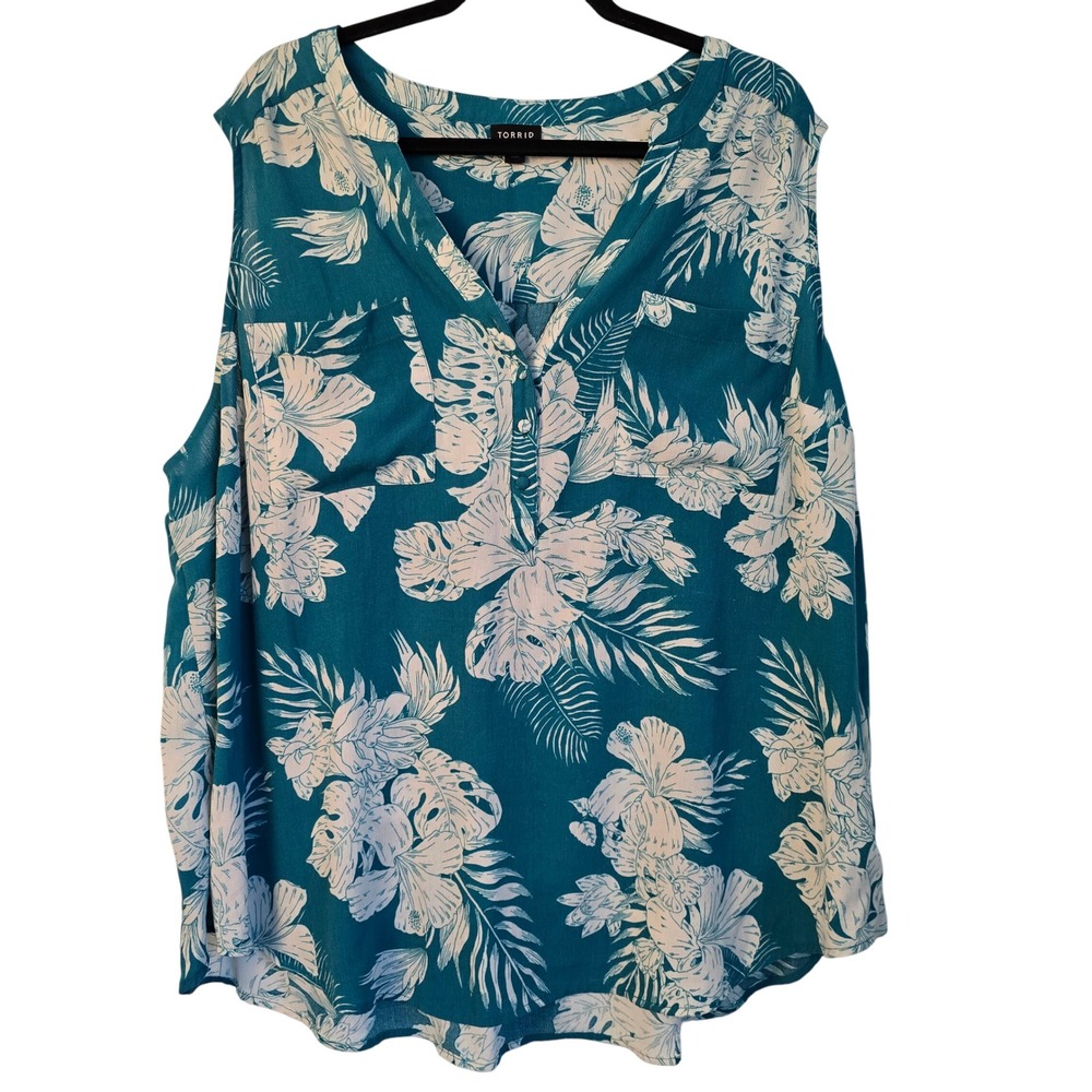 😀 TORRID Teal Tropical Floral Sleeveless V-Neck Button Up Blouse Top Size 3